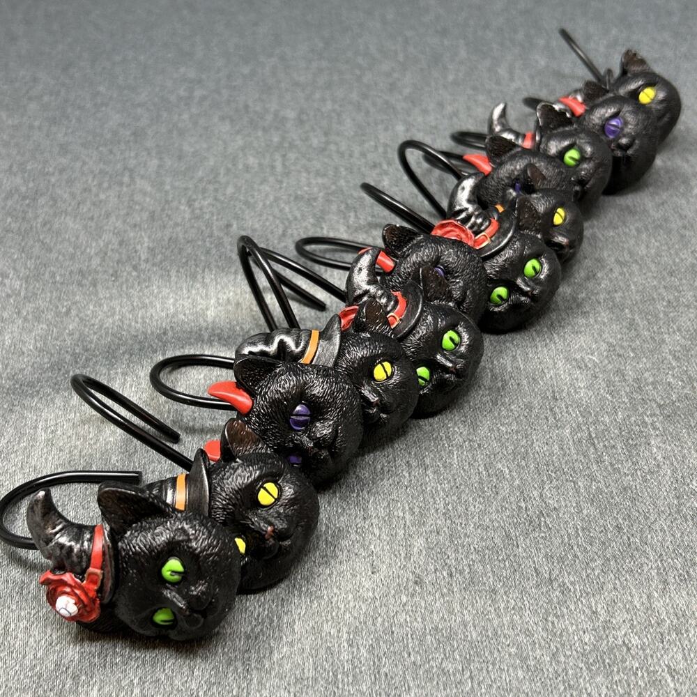 Sunlit Halloween Black Cat Shower Curtain Hooks Rings Spooky Season Decor Set 12 - Picture 2 of 11